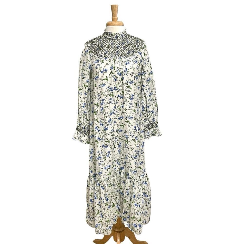 Zara Linen Blend Cottagecore Floral Long Sleeve Dress Smocked Neck size Small